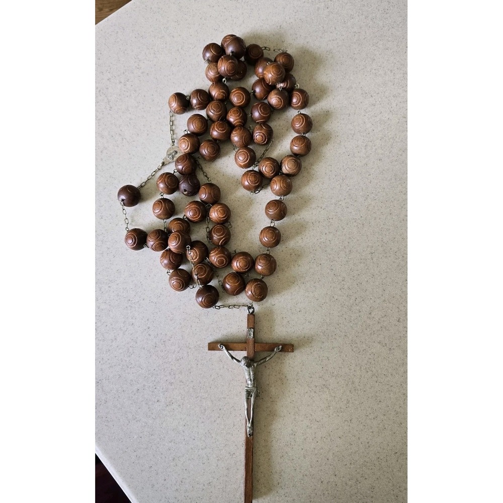 Wall Large Catholic Vintage Rosary Wooden beads Wooden Cross XL Large 50 Inches